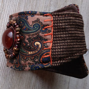 Menswear Cuff Bracelet Wool Silk Amber Button Boho